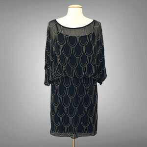 Vintage Cache Womens Dress 6 Navy Blue Chiffon‎ Blouson Beaded Cocktail Evening